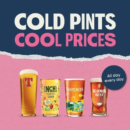 A graphic promoting 'Cold pints cool prices' at Pub & Social venues.