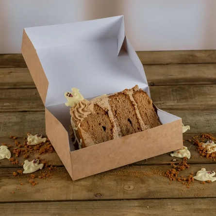 A slice of the 'Boo-scoff' cake in a takeaway box