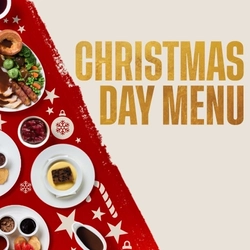 A Christmas banner promoting the 'Promo List Christmas Day Menu' for Flaming Grill venues.
