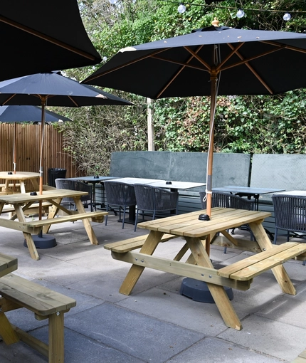 The exterior beer garden seating area at The Greengage.