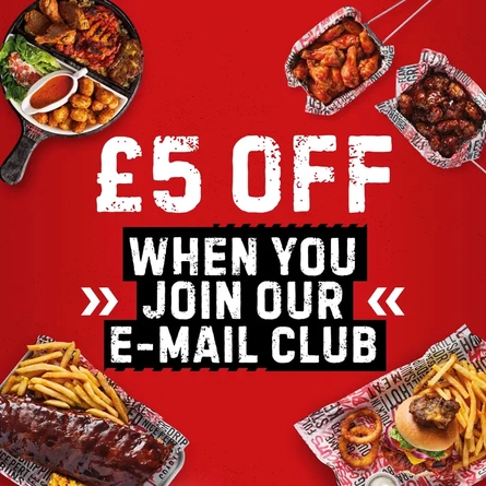 A graphic that says '£5 off when you sign up to our email club'.