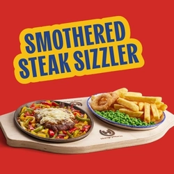 A banner promoting the Smothered Steak Sizzler as part of the Grill Monday campaign at Hungry Horse venues.