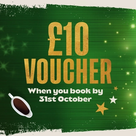 A Christmas multipurpose banner promoting '£10 Voucher when you book by 31st October' for Flaming Grill venues.