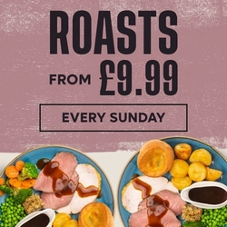 A banner showing a 2 plated Roasts to advertise a Roasts From £9.99 Every Sunday deal at Flaming Grill venues.