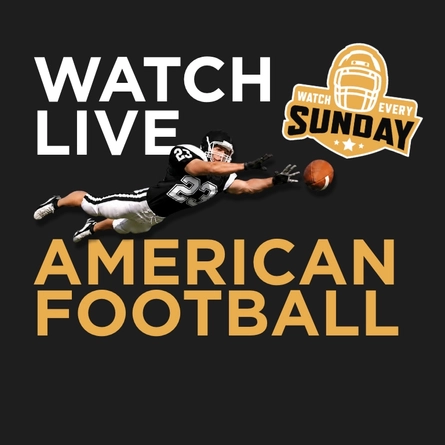 Promotional graphic for live American football on a dark background featuring the text “Watch Live American Football” and “Watch Every Sunday.” An American football player in a black uniform dives forward to catch a football, with a helmet logo displayed beside the text.
