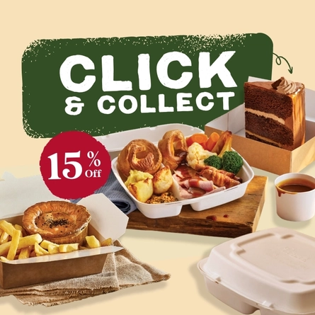 A banner showing several meals and cake in takeaway containers, promoting a 15% off Click & Collect campaign at Farmhouse Inn venues.