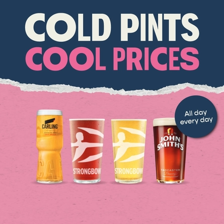 A graphic promoting 'cold pints cool prices' for Pub and Social.