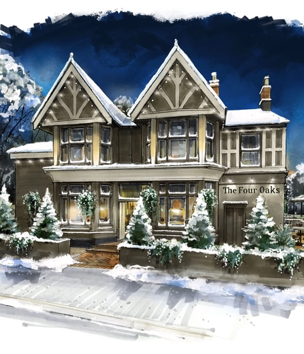 An illustration of the Four Oaks during winter with snow.