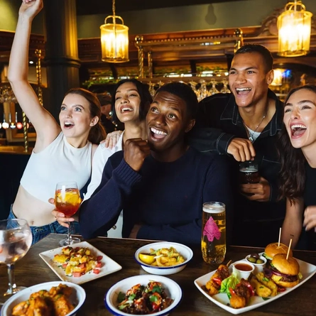 Friends cheering in the pub whilst eating and drinking