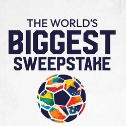 A banner featuring an illustration of a football coloured with the flags of the world, in between the words "The world's biggest sweepstake" and "World sticker stacker", all on a white background. A dark blue bar with the words "Download the Greene King App to play" sits below the rest of the text, and the banner is bordered with a collage of the flags of the world.