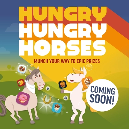 A graphic promoting the Hungry Hungry Horses game, coming soon to Hungry Horse.