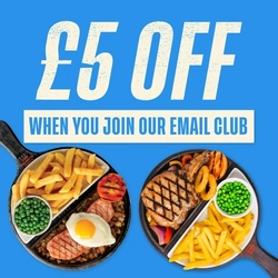 A banner showing a 2 skillet dishes to advertise a £5 Off When You Join Our Email Club deal at Flaming Grill venues.