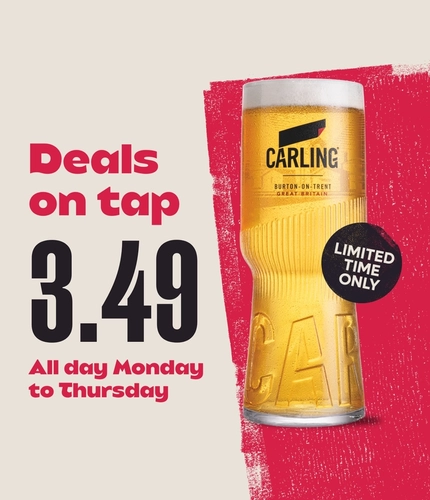 A graphic promoting "Deals on Tap" for Carling at Flaming Grill.