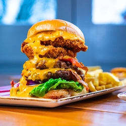 A burger and fries on a plate.