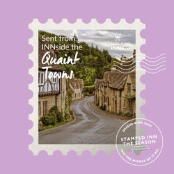 A Hotel Stamps graphic showing a narrow street lined with cottages to advertise locations of Greene King Inns.