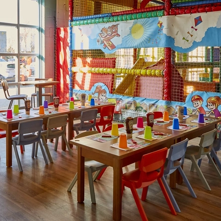 The interior restaurant and seating area for children's parties Wacky Warehouse at the Sovereigns.