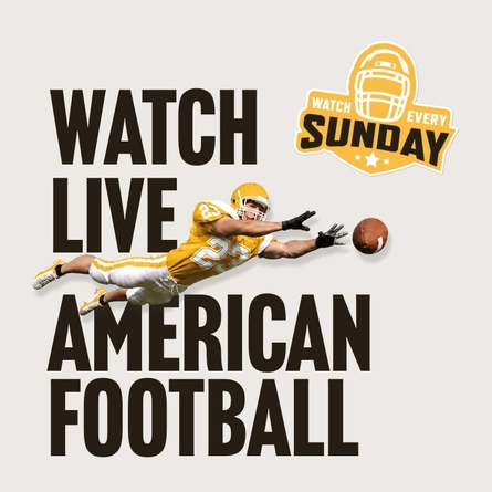 Promotional graphic for live American football featuring the text “Watch Live American Football” and “Watch Every Sunday” on a light grey background. An American football player in a yellow and white uniform dives forward to catch a football, with a helmet-themed logo displayed above.