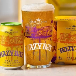 A banner showing Hazy Day and Prior Life in cans and pint glasses.