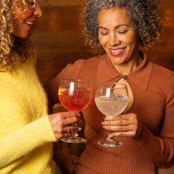 Two women holding glasses of gin and tonic.