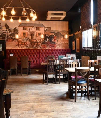 Interior seating area in a pub restaurant