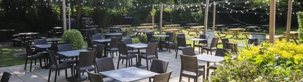 The exterior beer garden seating area at The Crown & Horseshoes.