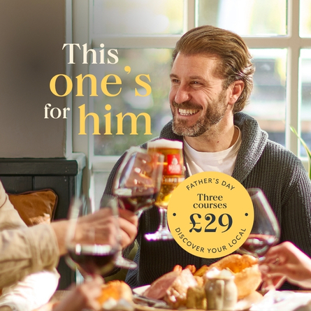 A Fathers Day banner showing a group of people sat at a table within the interior restaurant seating area enjoying food and drinks at a Chef & Brewer venue.