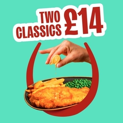 A banner promoting deals Monday to Friday for 'Two classics £14' at Hungry Horse venues.