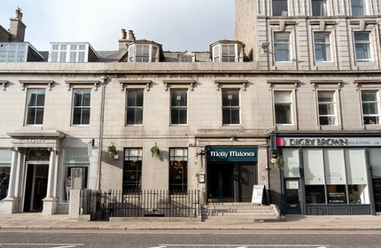 The exterior facade and signage of Molly Malones in Aberdeen, with steps leading up to the entrance.