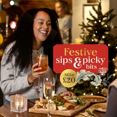 A 768x768 Web Homepage Promo Banner advertising Festive Sips & Picky Bits at Chef & Brewer Venues.