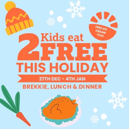 2 Kids Eat Free offer valid from 27th December - 4th January, at Farmhouse Kitchen venues.