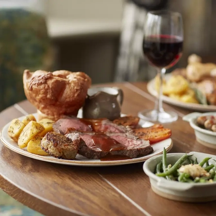A beef roast dinner on a table.