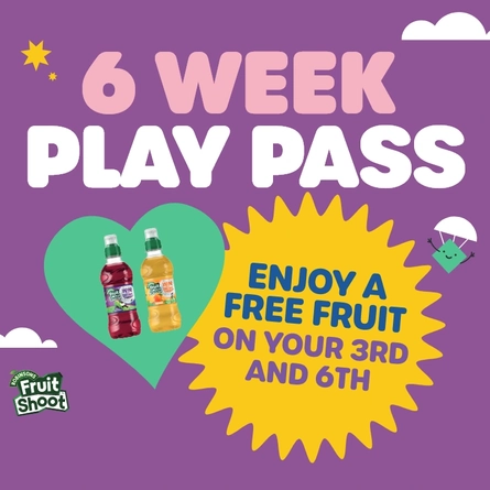 A graphic promoting the 6 week play pass at Wacky Warehouse.