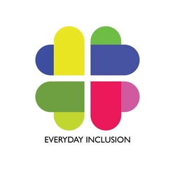 Logo made of four rounded shapes forming a symmetrical cross‑like symbol in bright colours: yellow at the top left, blue at the top right, green at the bottom left and red with a pink semicircle at the bottom right. Beneath the symbol, the words ‘Everyday Inclusion’ appear in black capital letters.