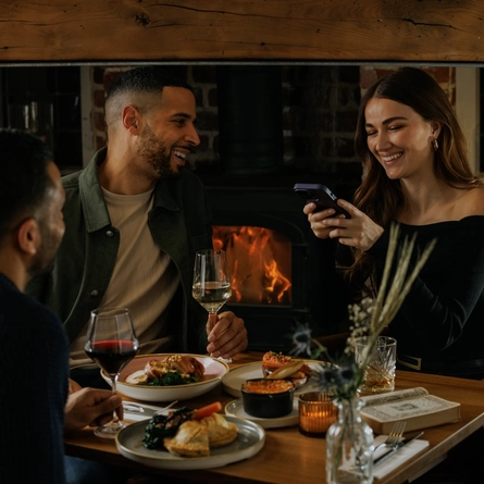 An image focusing on 2 customers sat with a friend enjoying Burns Night main dishes sat at a table within the interior restaurant seating area of The Crown.