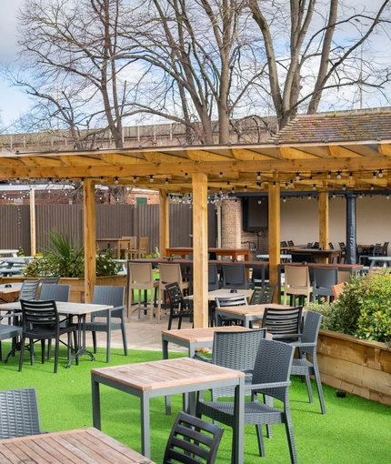 venue exterior with beer garden