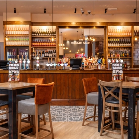 The bar and interior restaurant seating area at The Wrekin Giant in Telford.