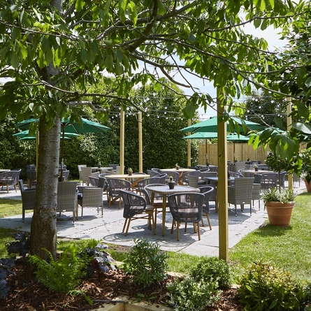 The exterior beer garden seating area at The Fox & Hounds in Wimborne.