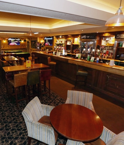 Interior shot of the seating area and bar