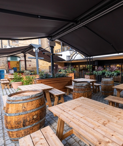 exterior beer garden and seating area