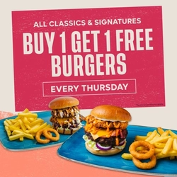 A graphic banner promoting buy one get one free burgers at Flaming Grill venues 'All classics and signatures buy 1 get 1 free burgers, every Thursday.'
