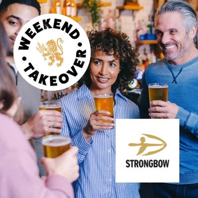 A banner featuring the square, white Strongbow logo and the circular Weekend Takeover logo with a golden lion, on an image of four people in a pub, holding glasses of cider.