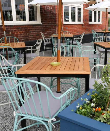 exterior beer garden with seating area
