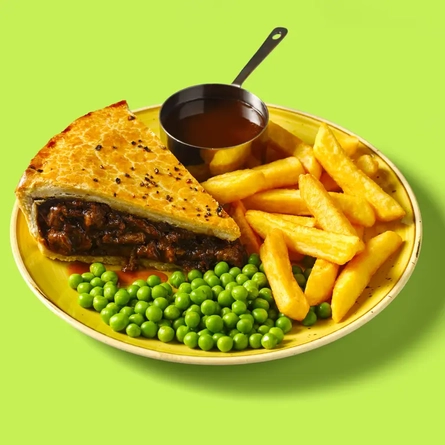 Pie, chips, peas and gravy