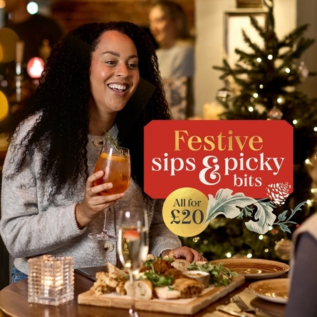 A 768x768 Web Homepage Promo Banner advertising Festive Sips & Picky Bits at Chef & Brewer Venues.