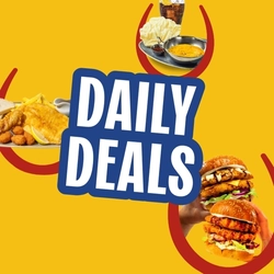 Promotional graphic reading “Daily Deals” surrounded by featured meals including fish and chips, curry with a soft drink, and two chicken burgers, displayed on a yellow background with red horseshoe graphics.