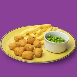 A packshot featuring a plated Scampi & Chips dish available for delivery from Hungry Horse venues.