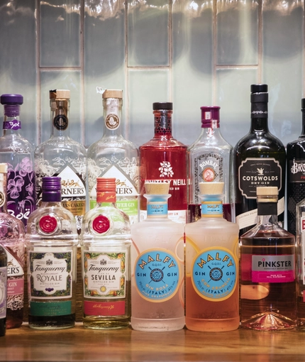 Gin bottles behind bar