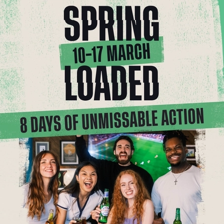 A graphic banner promoting 'Spring loaded, 8 days of unmissable action' for Flaming Grill venues.