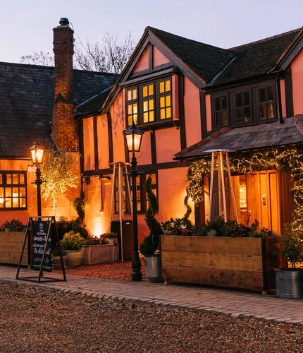 exterior facade of a pub decorated for Christmas