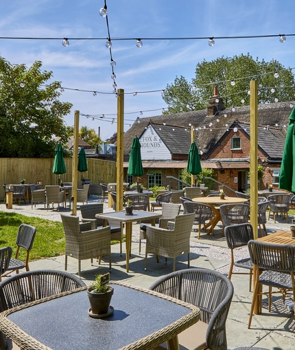 The exterior beer garden seating area at The Fox & Hounds in Wimborne.
